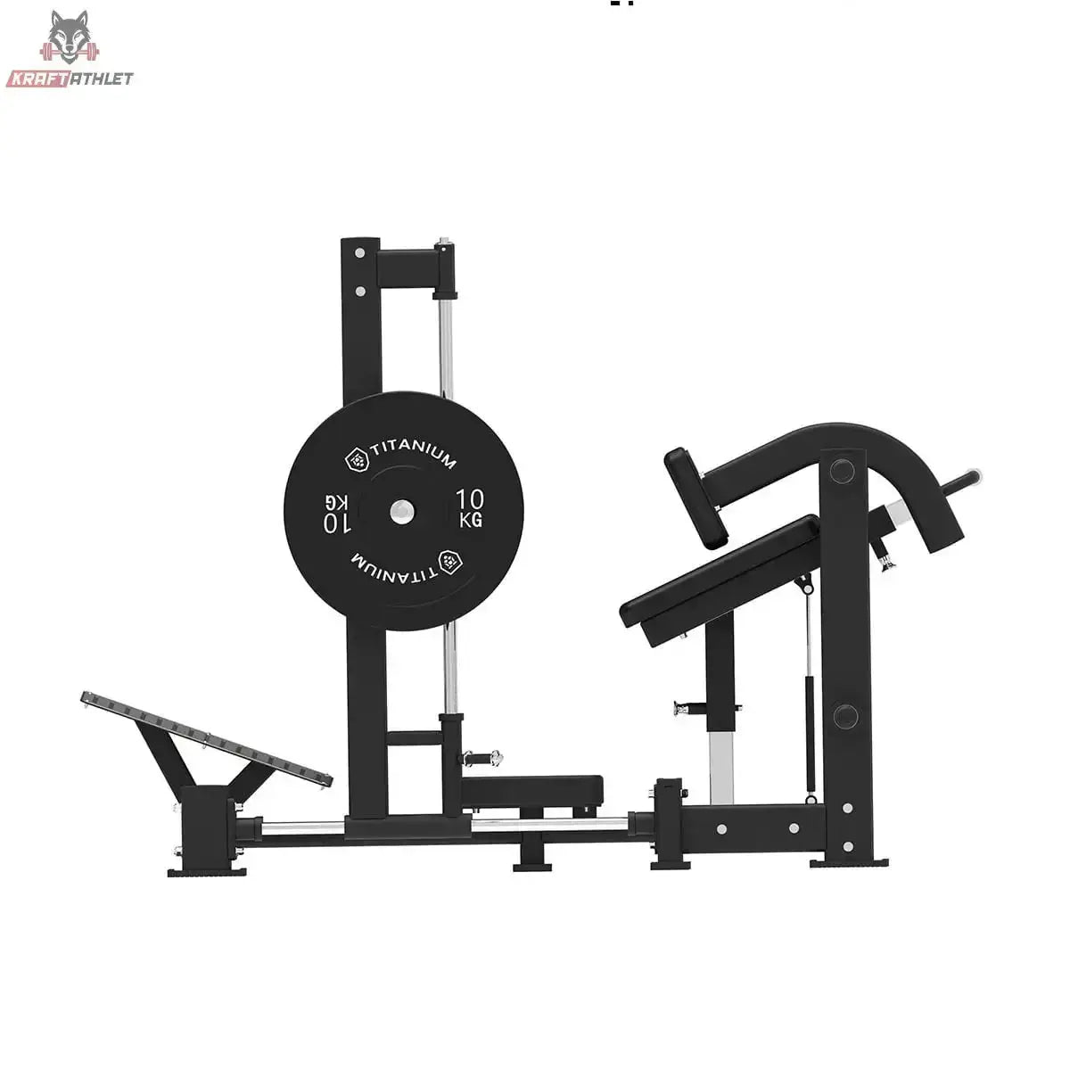 Titanium Strength Elite Series 3D Smith Hip Thrust – Seitenansicht mit Fußplattform und aufgelegter Hantelscheibe
