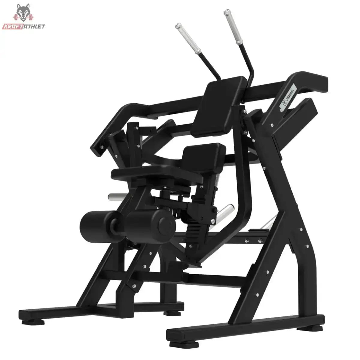 Titanium Strength Elite Series Abdominal Crunch in Schrägansicht von links mit Sitz, Beinrollen und Griffen