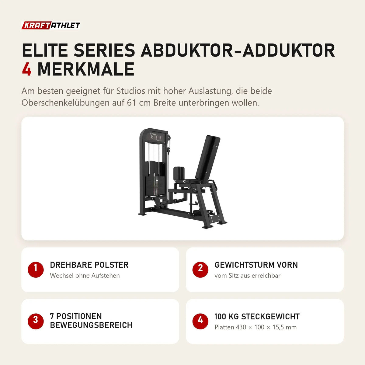 Titanium Strength Elite Series Abduktor-Adduktor mit 4 Merkmalen: Drehbare Polster, Gewichtsturm vorn, 7 Positionen Bewegungsbereich, 100 kg Steckgewicht