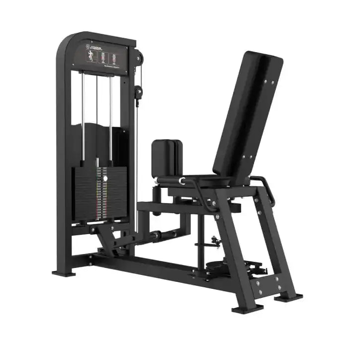 Titanium Strength Elite Series Abduktor-Adduktor – Schrägansicht mit Rückenlehne, Beinpolstern und Gewichtsturm