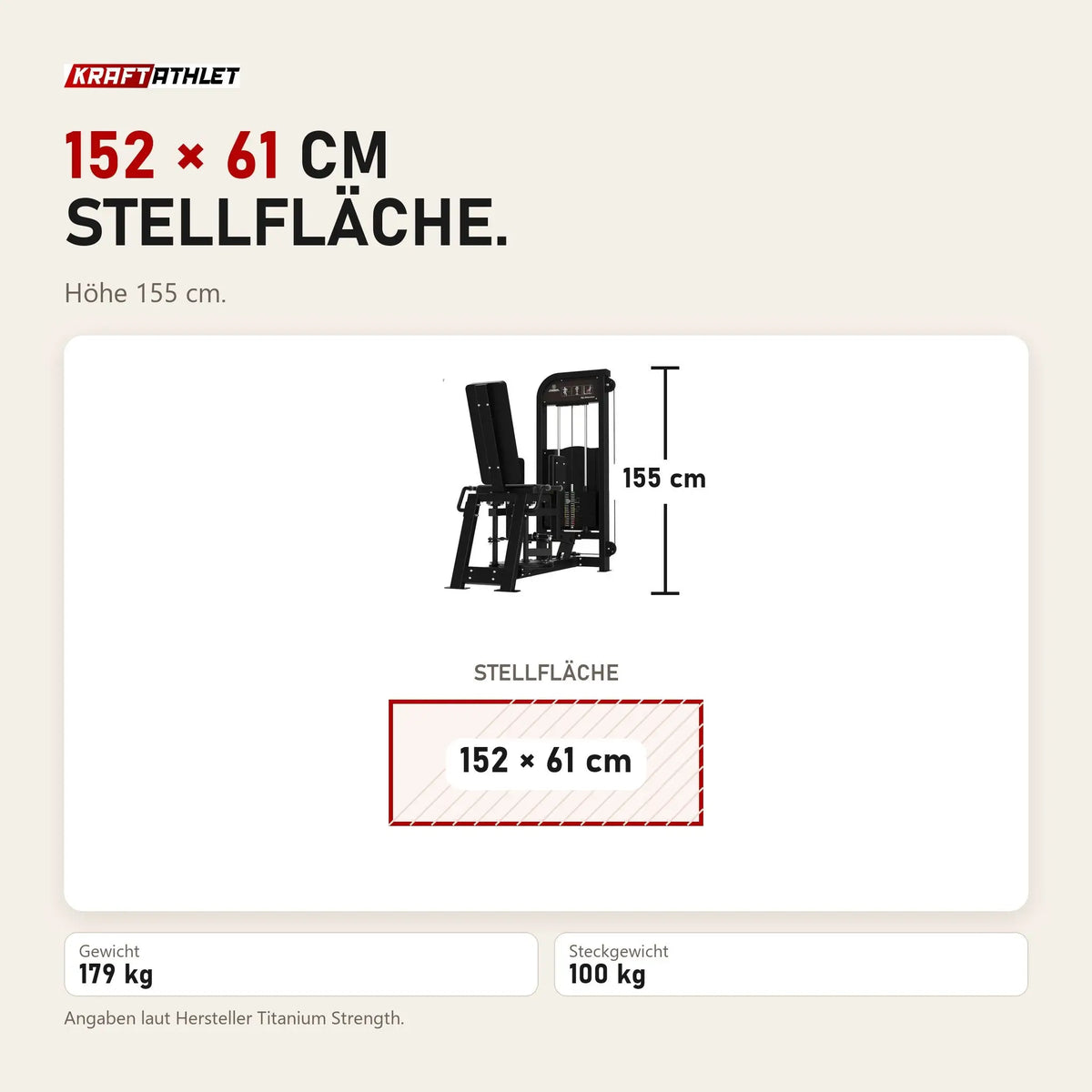 Maßbild Titanium Strength Elite Series Abduktorenmaschine: Stellfläche 152 × 61 cm, Höhe 155 cm