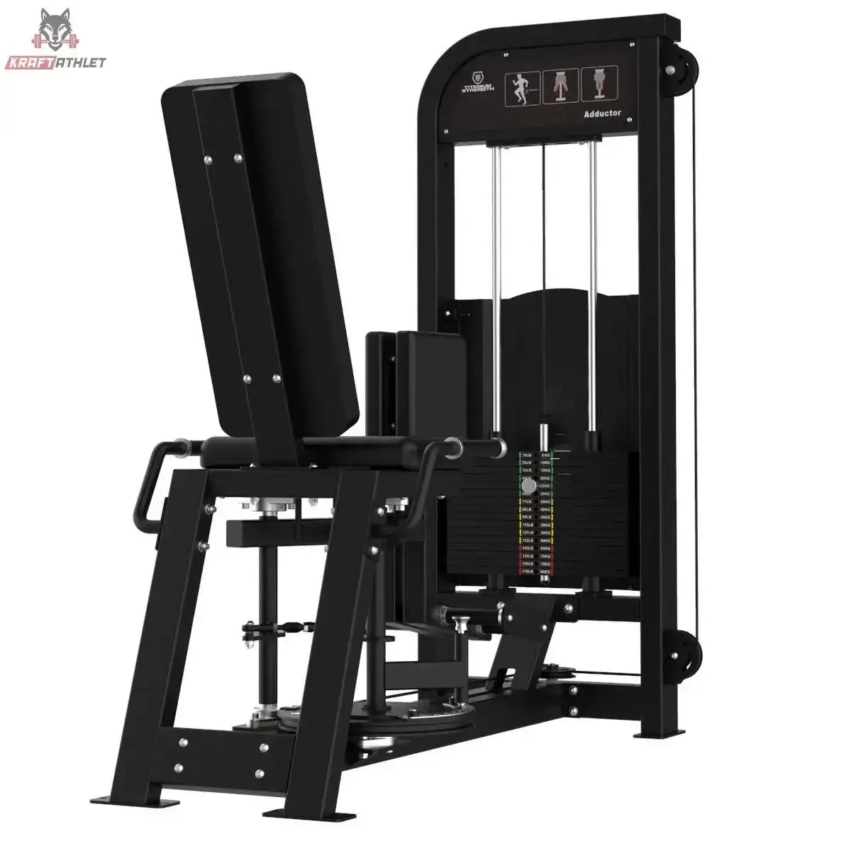 Titanium Strength Elite Series Adduktorenmaschine – Schrägansicht mit Rückenlehne, Beinpolstern und Gewichtsturm
