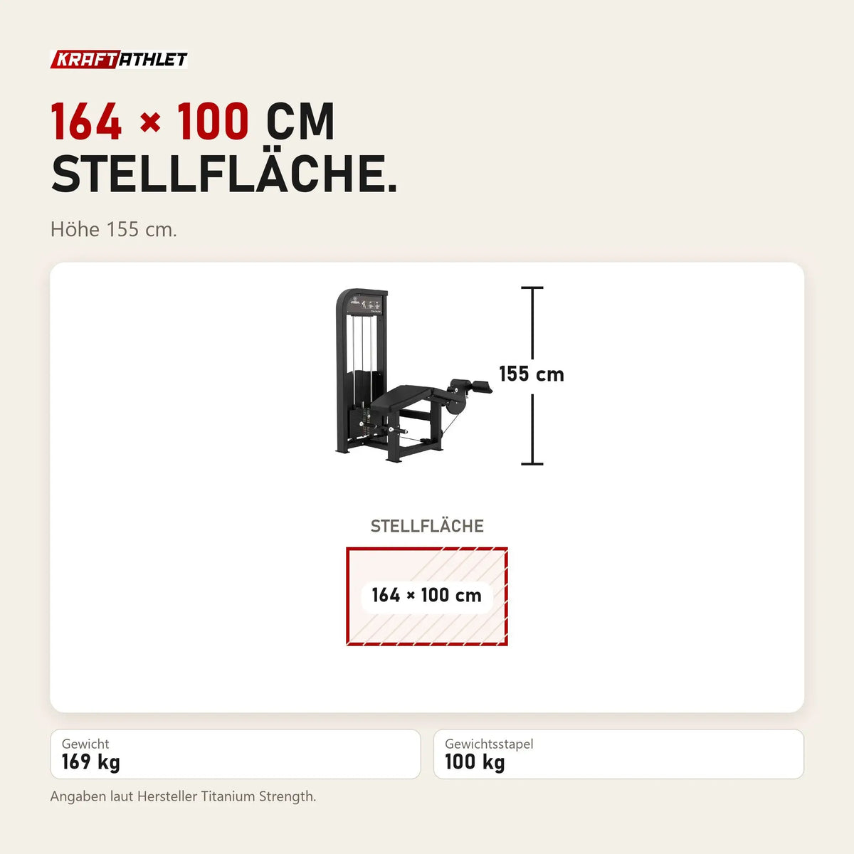 Maßbild Titanium Strength Elite Series Beinbeuger liegend: Stellfläche 164 × 100 cm, Höhe 155 cm