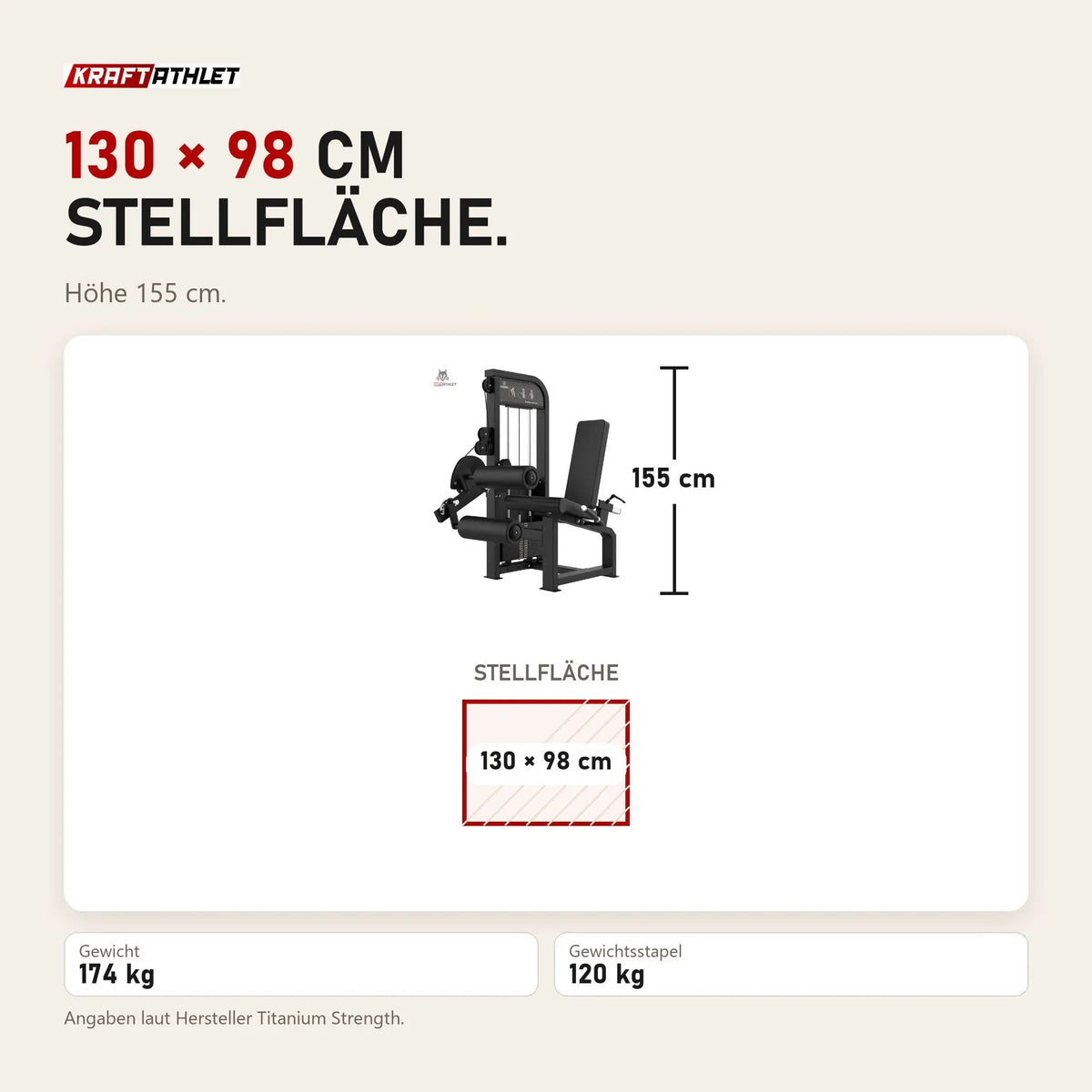 Maßbild Titanium Strength Elite Series Beinbeuger sitzend: Stellfläche 130 × 98 cm, Höhe 155 cm