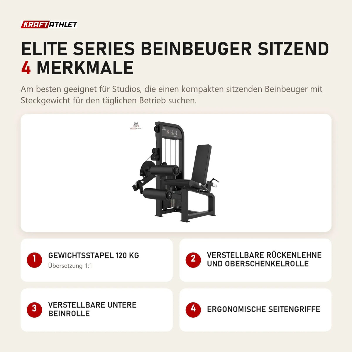 Titanium Strength Elite Series Beinbeuger sitzend mit 4 Merkmalen: Gewichtsstapel 120 kg, Verstellbare Rückenlehne und Oberschenkelrolle, Verstellbare untere Beinrolle, Ergonomische Seitengriffe