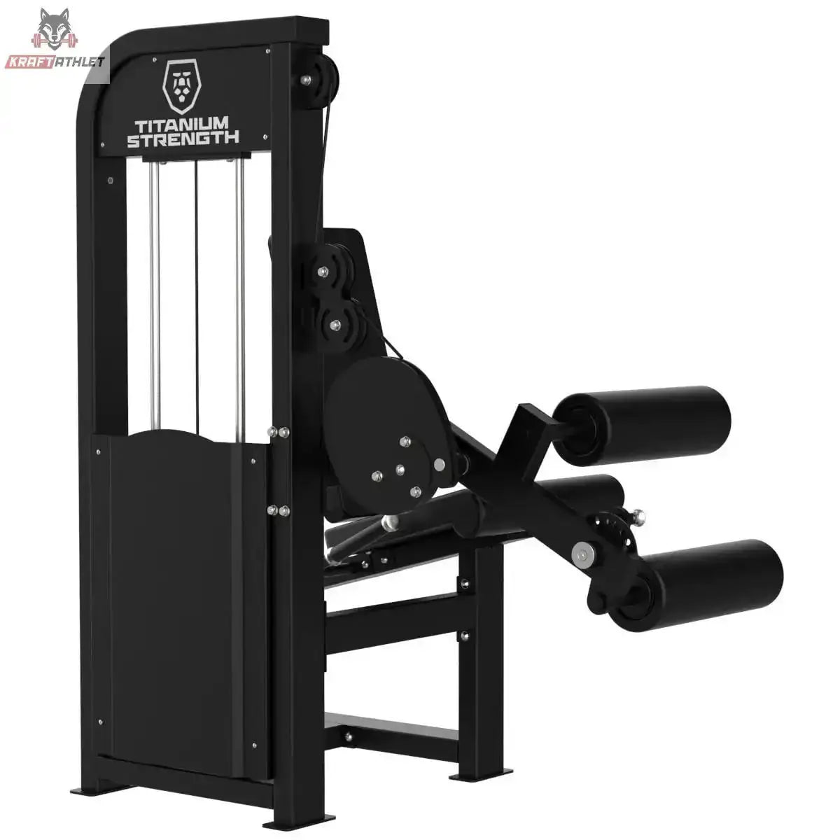 Titanium Strength Elite Series Beinbeuger sitzend – Schrägansicht von hinten mit Gewichtsturm und Beinrollen