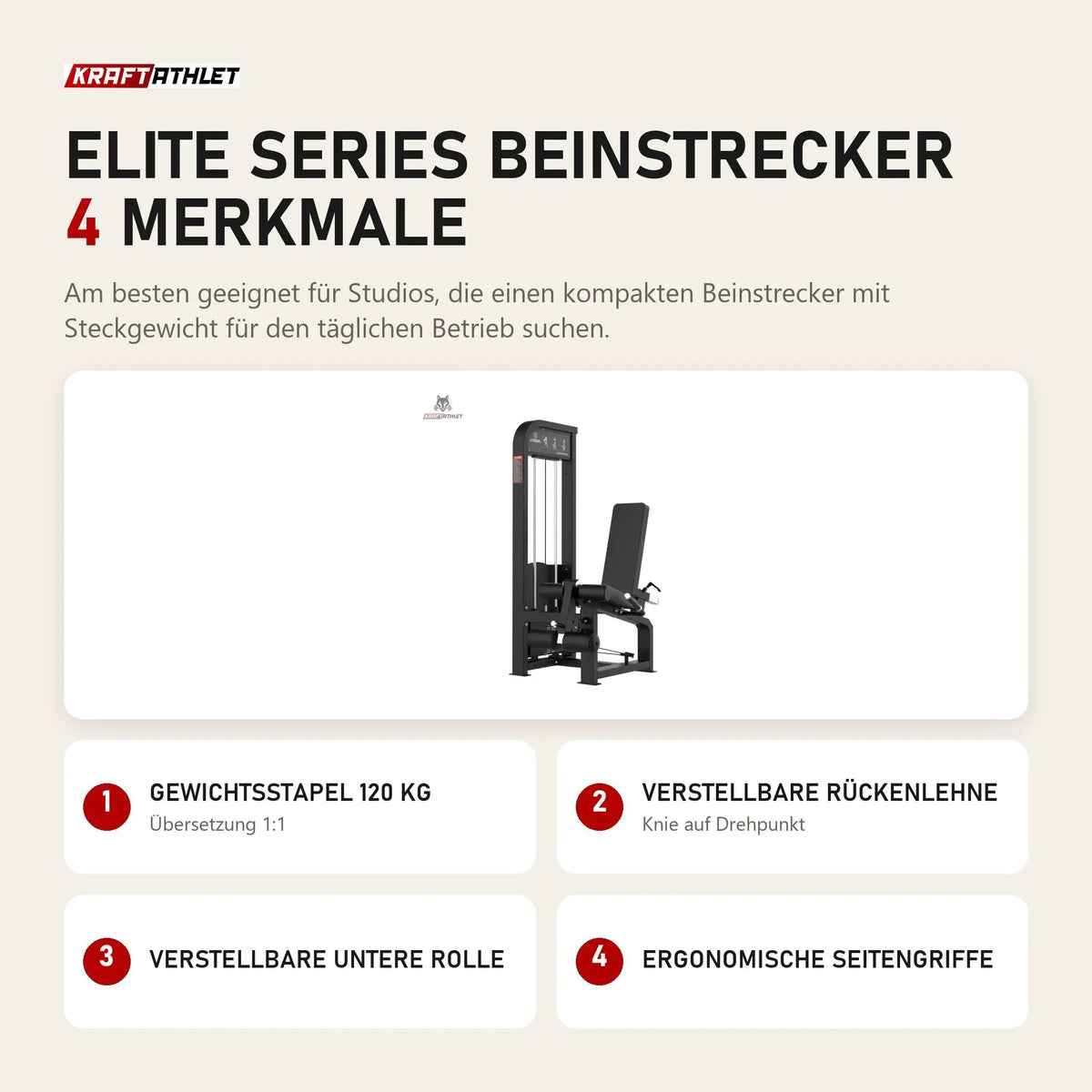 Titanium Strength Elite Series Beinstrecker mit 4 Merkmalen: Gewichtsstapel 120 kg, Verstellbare Rückenlehne, Verstellbare untere Rolle, Ergonomische Seitengriffe
