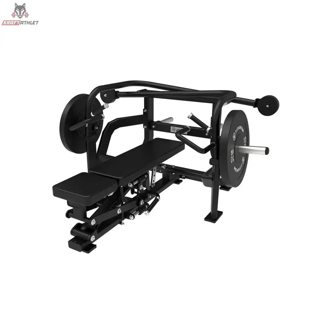 Titanium Strength Elite Series Crossover Multipress in Schrägansicht mit Hantelscheiben und Bank