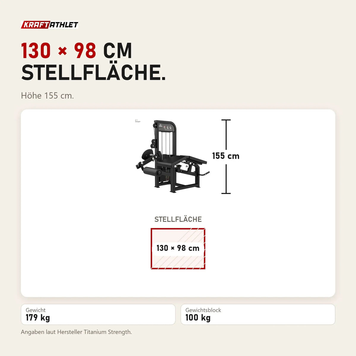 Maßbild Titanium Strength Elite Series Dual Beinbeuger Liegend & Beinstrecker: Stellfläche 130 × 98 cm, Höhe 155 cm