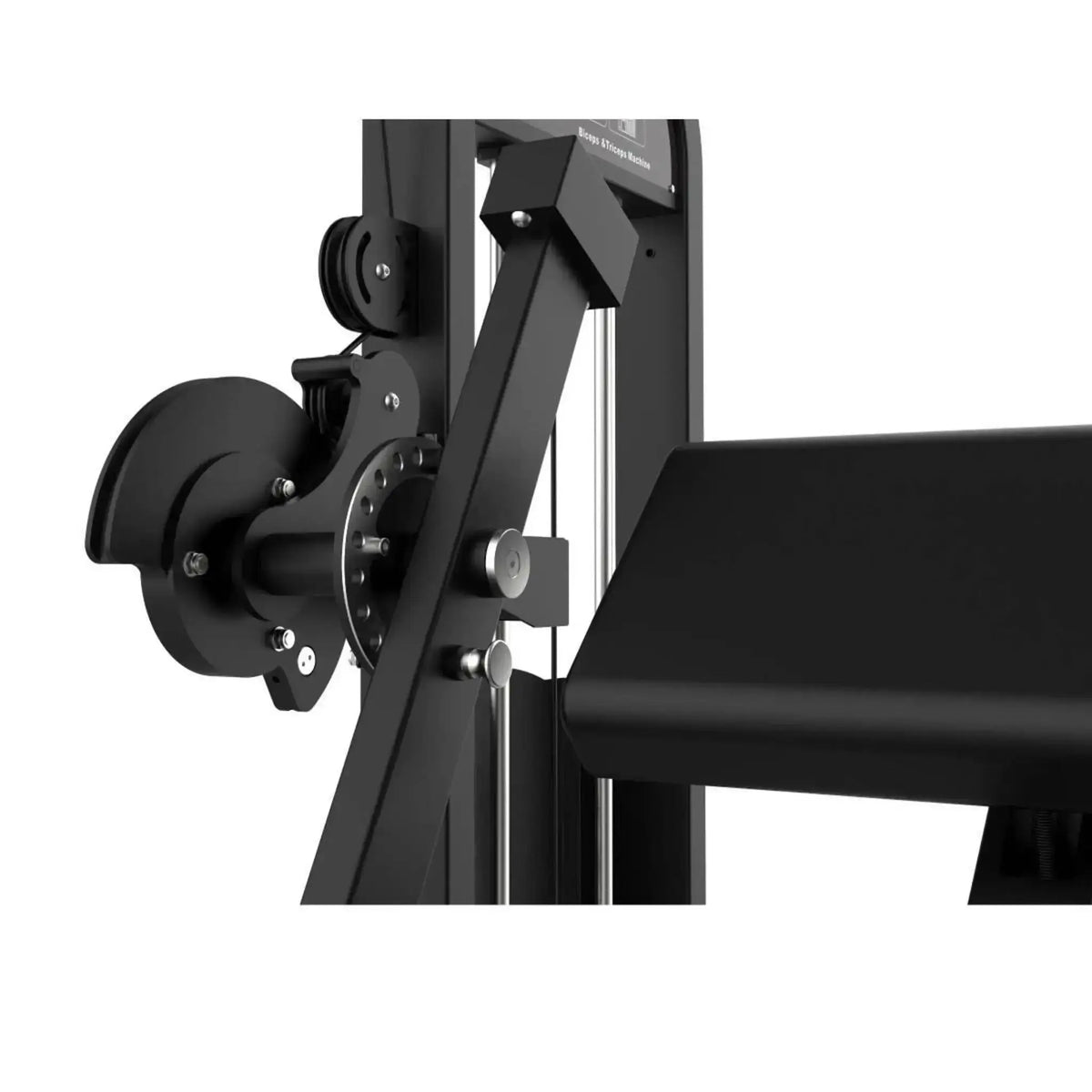 Titanium Strength Elite Series Dual Bizeps- und Trizepsmaschine – Detail des Drehhebels und der gepolsterten Armauflage