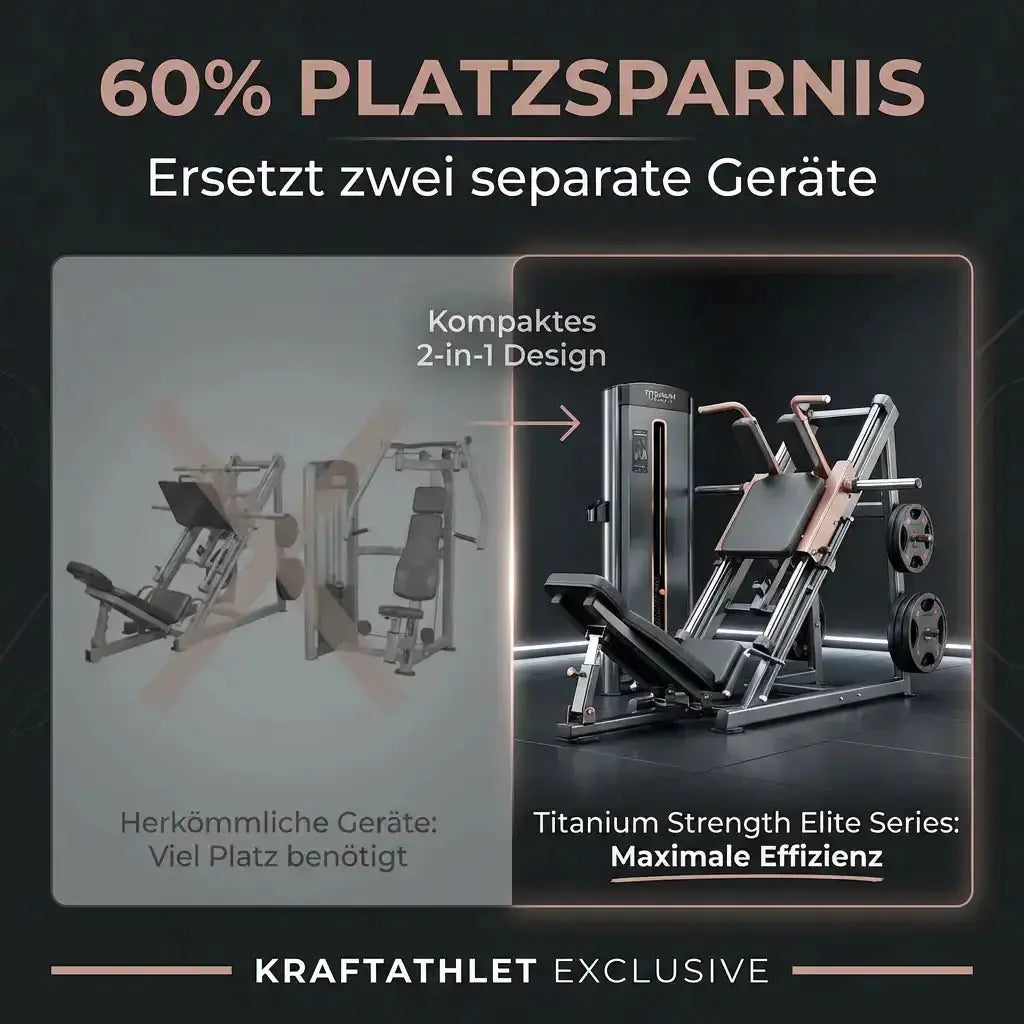 Titanium Strength Elite Series Dual Bizeps- und Trizepsmaschine – Grafik zum Platzbedarf: zwei Einzelgeräte im Vergleich zum 2-in-1-Design