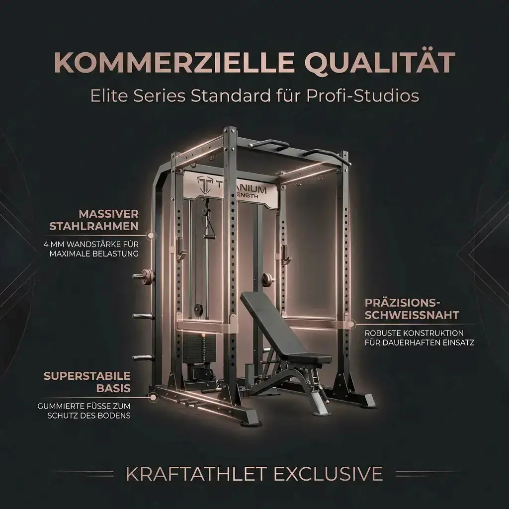 Titanium Strength Elite Series Dual Bizeps- und Trizepsmaschine – Grafik zu Stahlrahmen, Schweißnähten und Basis am Beispiel eines Racks