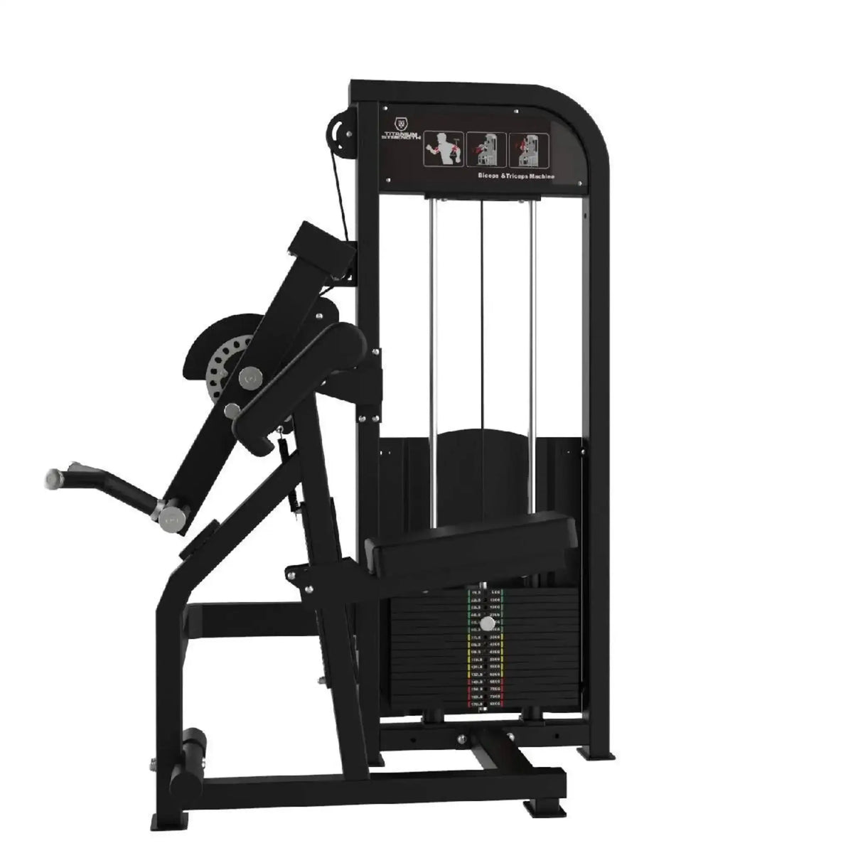 Titanium Strength Elite Series Dual Bizeps- und Trizepsmaschine – Schrägansicht mit Armpolster, Hebelarm und Gewichtsturm