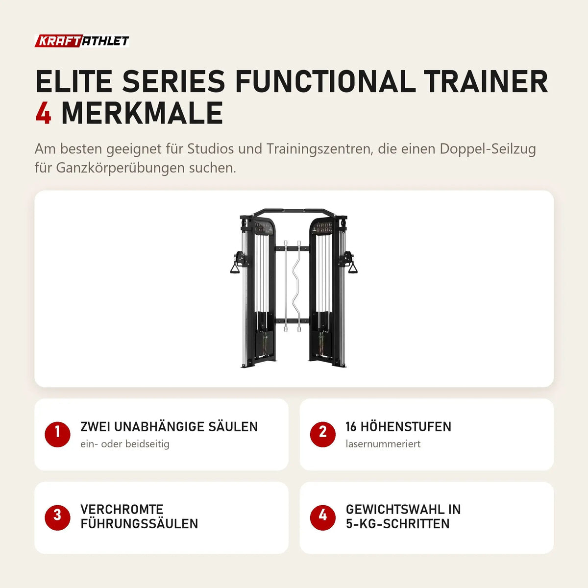 Titanium Strength Elite Series Functional Trainer mit 4 Merkmalen: Zwei unabhängige Säulen, 16 Höhenstufen, Verchromte Führungssäulen, Gewichtswahl in 5-kg-Schritten