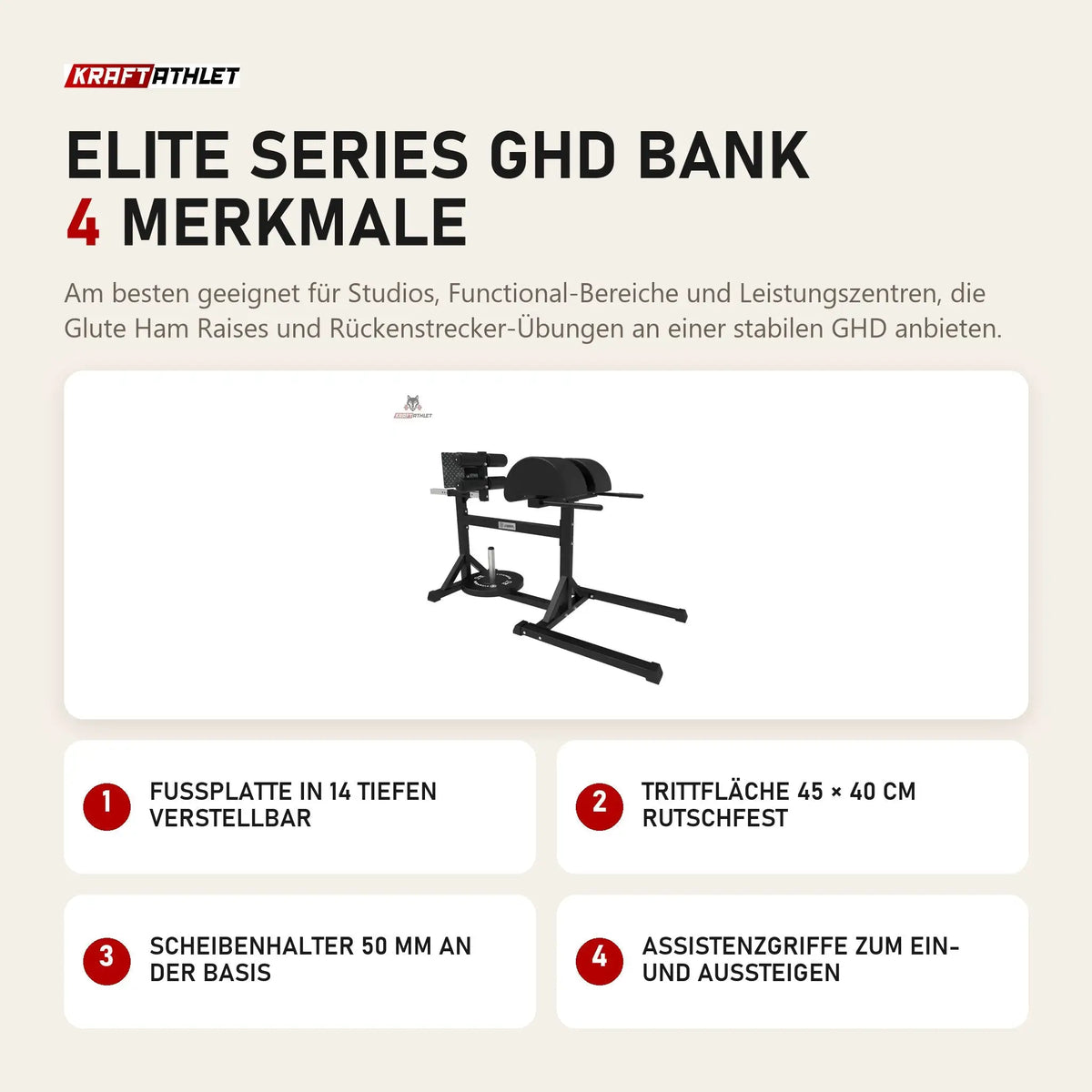 Titanium Strength Elite Series GHD Bank mit 4 Merkmalen: Fußplatte in 14 Tiefen verstellbar, Trittfläche 45 × 40 cm rutschfest, Scheibenhalter 50 mm an der Basis, Assistenzgriffe zum Ein- und Aussteigen