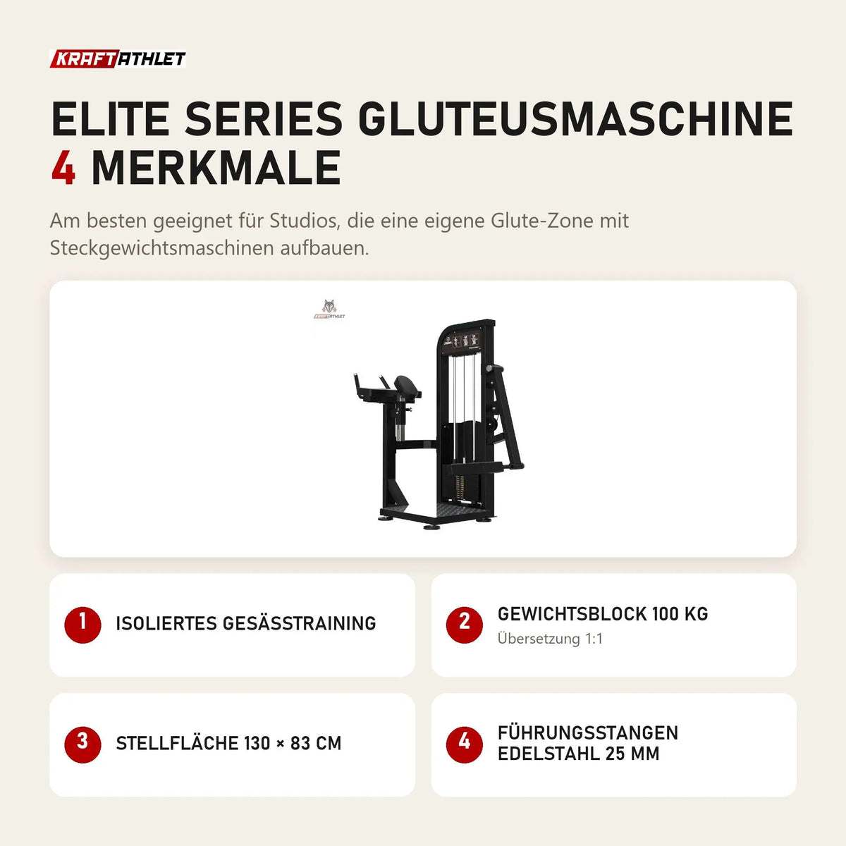 Titanium Strength Elite Series Gluteusmaschine mit 4 Merkmalen: Isoliertes Gesäßtraining, Gewichtsblock 100 kg, Stellfläche 130 × 83 cm, Führungsstangen Edelstahl 25 mm