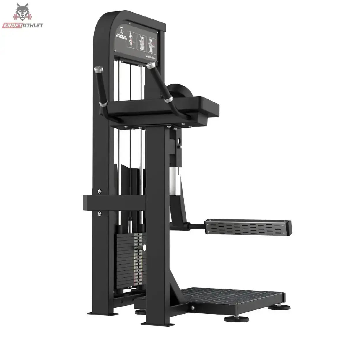 Titanium Strength Elite Series Gluteusmaschine – Schrägansicht von rechts mit Fußplattform und Gewichtsturm