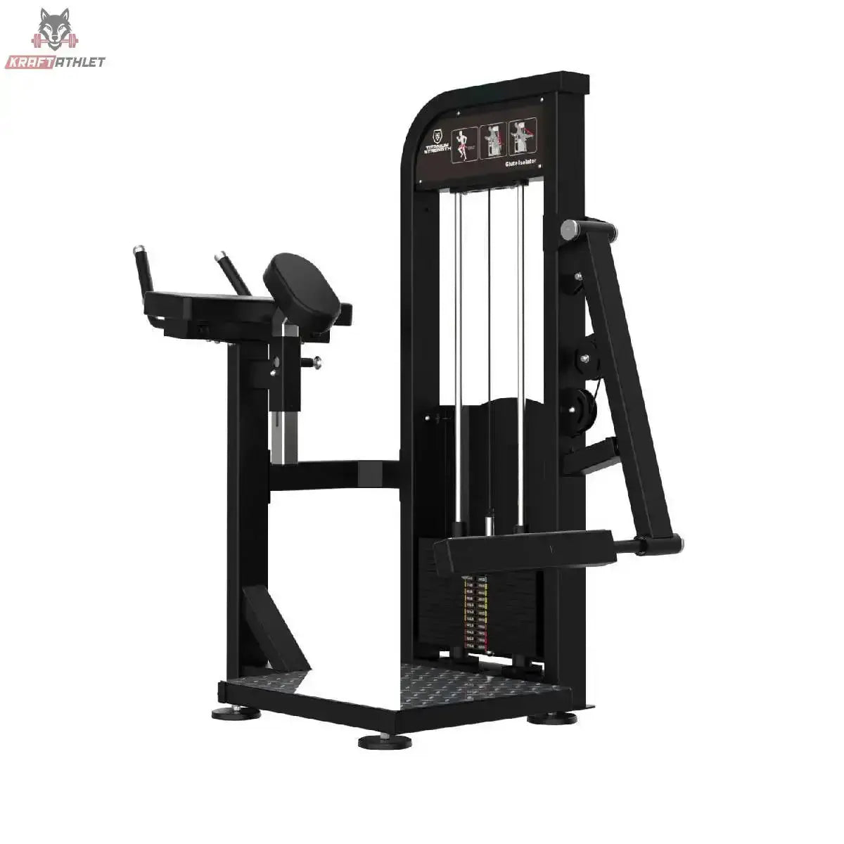 Titanium Strength Elite Series Gluteusmaschine – Schrägansicht mit Brustpolster, Hebel und Standplattform