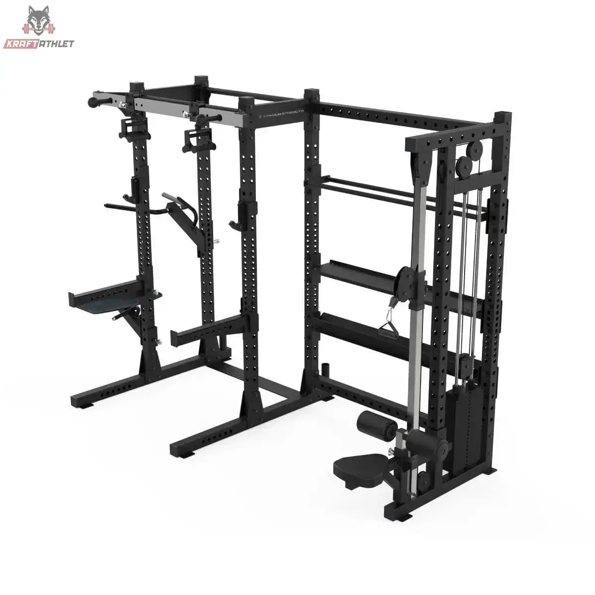 Titanium Strength Elite Series Half Rack E70, Schrägansicht von hinten mit Lagerregalen