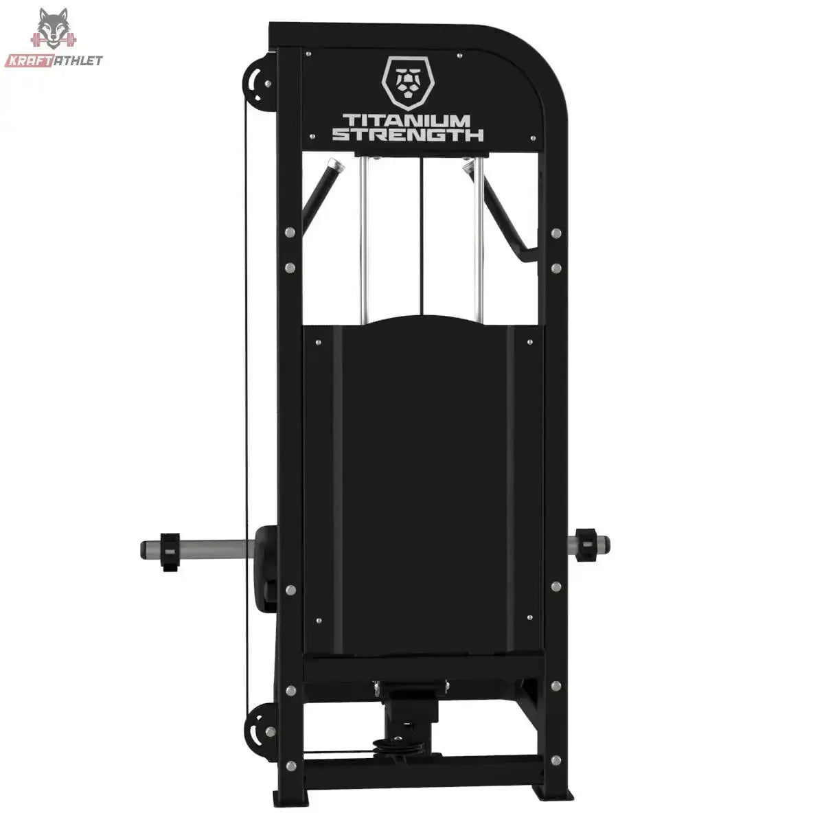 Titanium Strength Elite Series Hip Thrust mit Steckgewichten – Rückansicht mit Logo-Abdeckung und seitlichen Scheibenhaltern
