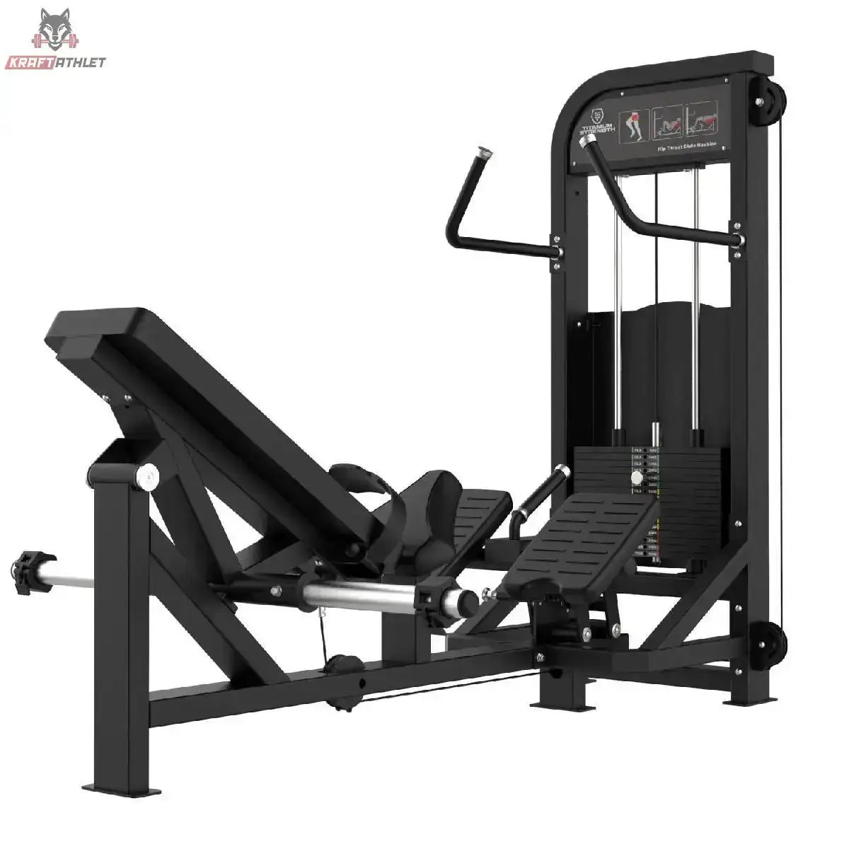 Titanium Strength Elite Series Hip Thrust mit Steckgewichten – Schrägansicht mit Rückenpolster, Beckenpolster und Scheibenhaltern