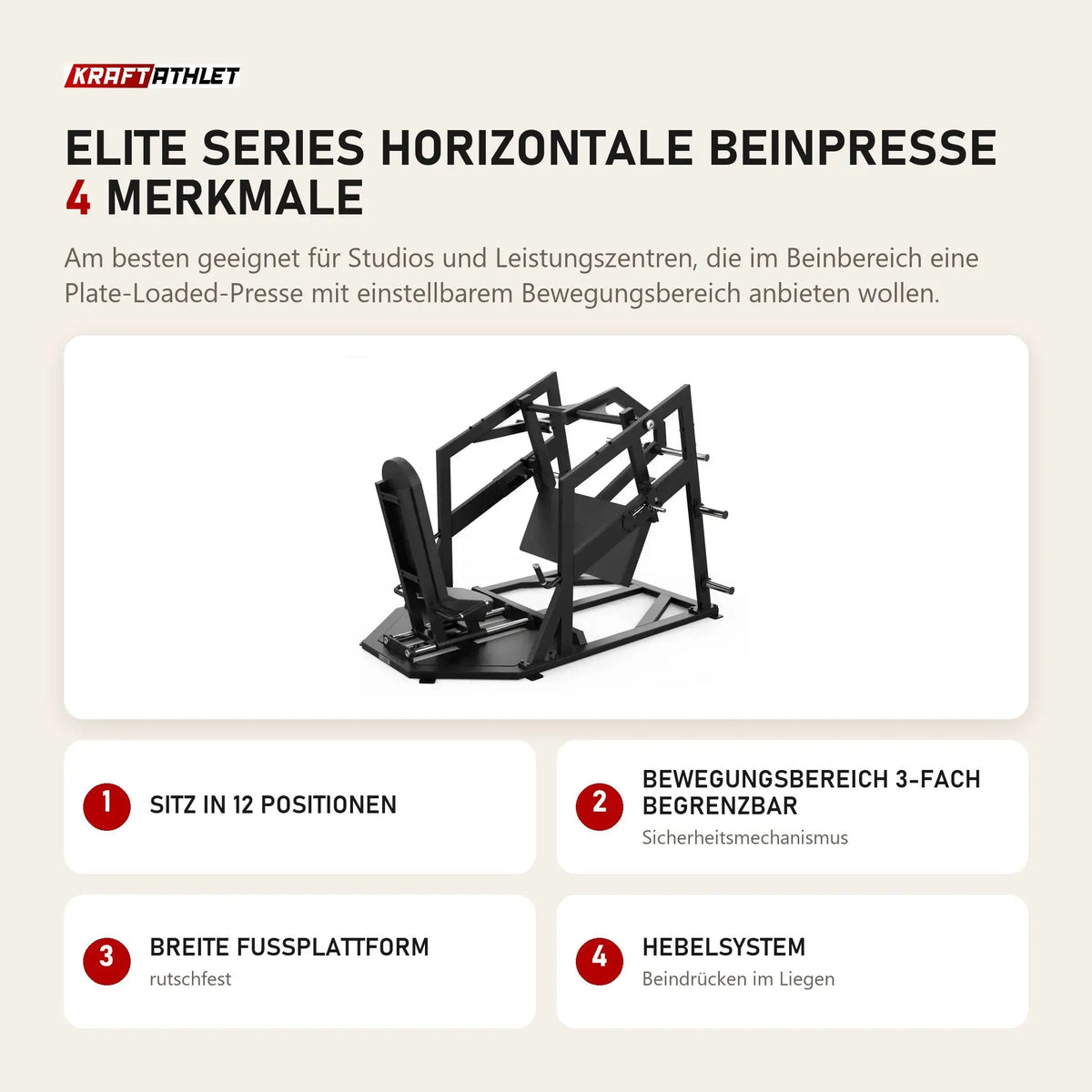 Titanium Strength Elite Series Horizontale Beinpresse mit 4 Merkmalen: Sitz in 12 Positionen, Bewegungsbereich 3-fach begrenzbar, Breite Fußplattform, Hebelsystem