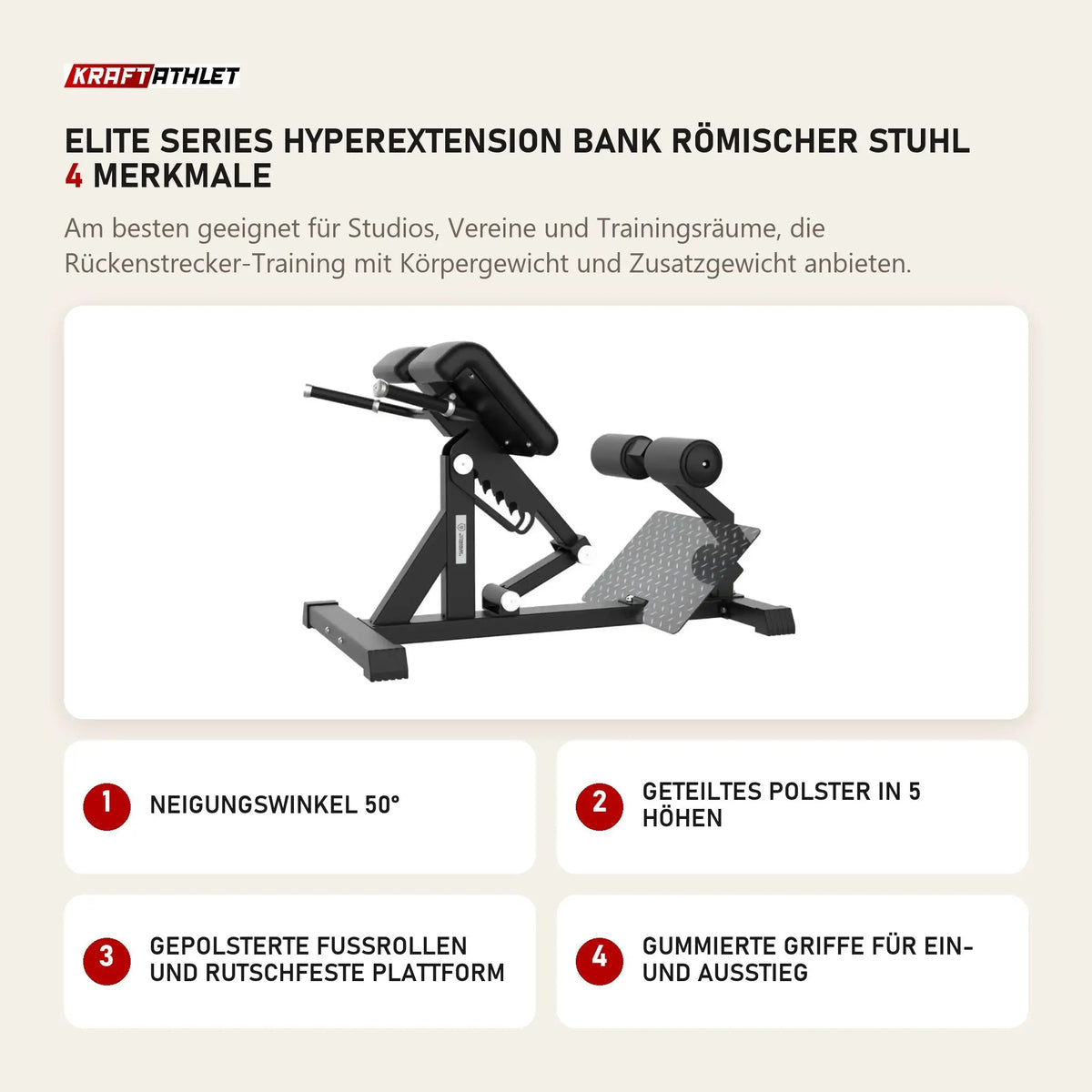 Titanium Strength Elite Series Hyperextension Bank Römischer Stuhl mit 4 Merkmalen: Neigungswinkel 50°, Geteiltes Polster in 5 Höhen, Gepolsterte Fußrollen und rutschfeste Plattform, Gummierte Griffe für Ein- und Ausstieg