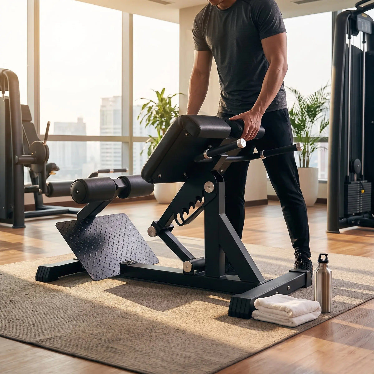 Titanium Strength Elite Series Hyperextension Bank Römischer Stuhl im Einsatz: Person stellt in einem hellen Hotel-Fitnessraum die Polsterhöhe ein