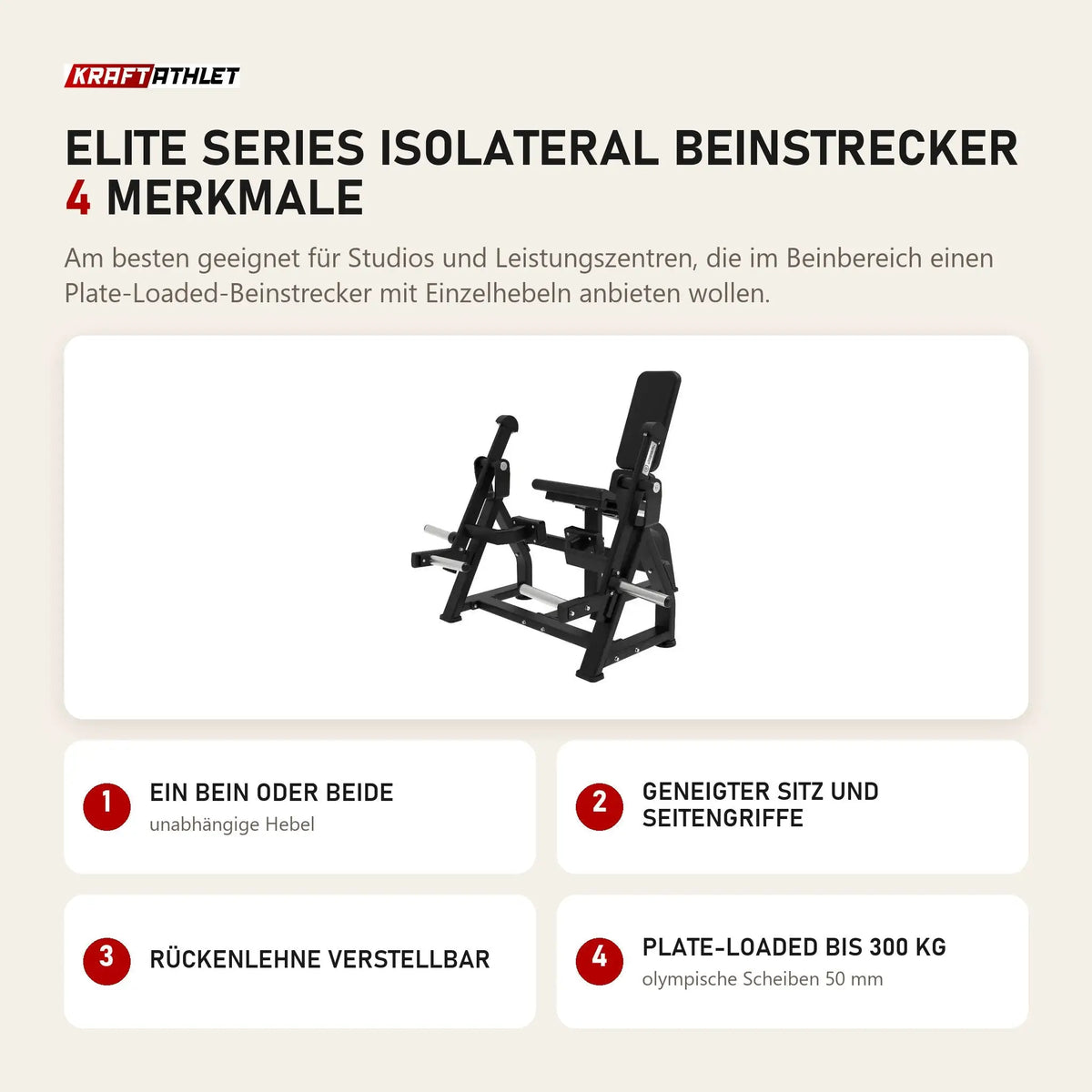 Titanium Strength Elite Series IsoLateral Beinstrecker mit 4 Merkmalen: Ein Bein oder beide, Geneigter Sitz und Seitengriffe, Rückenlehne verstellbar, Plate-Loaded bis 300 kg