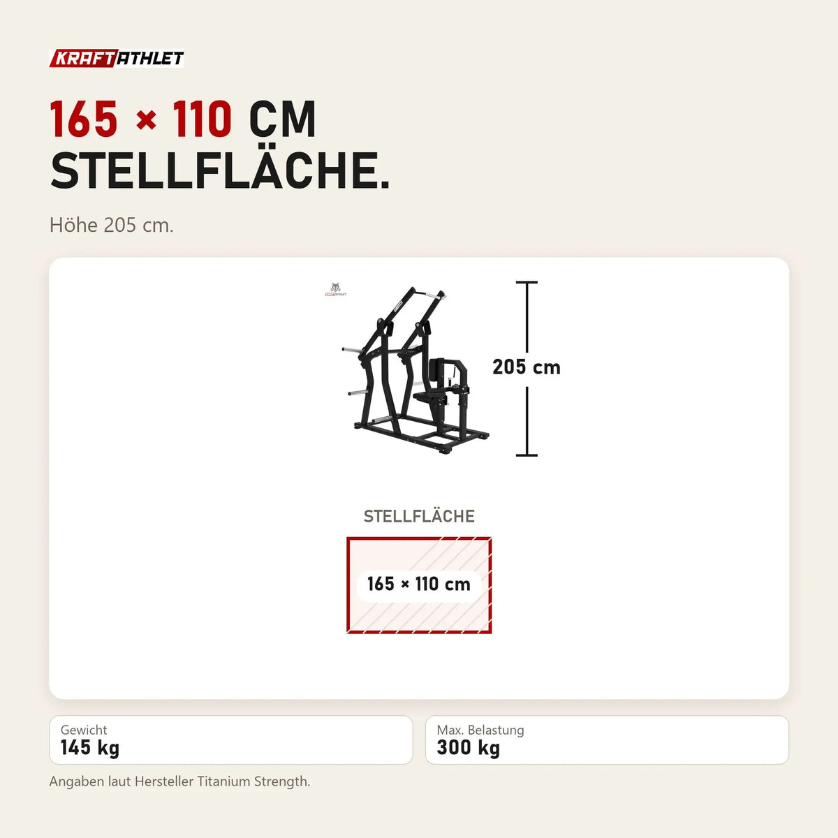 Maßbild Titanium Strength Elite Series IsoLateral Latzug: Stellfläche 165 × 110 cm, Höhe 205 cm