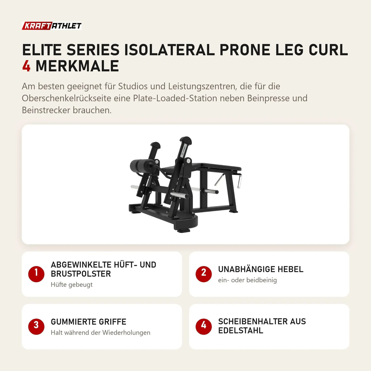 Titanium Strength Elite Series IsoLateral Prone Leg Curl mit 4 Merkmalen: Abgewinkelte Hüft- und Brustpolster, Unabhängige Hebel, Gummierte Griffe, Scheibenhalter aus Edelstahl