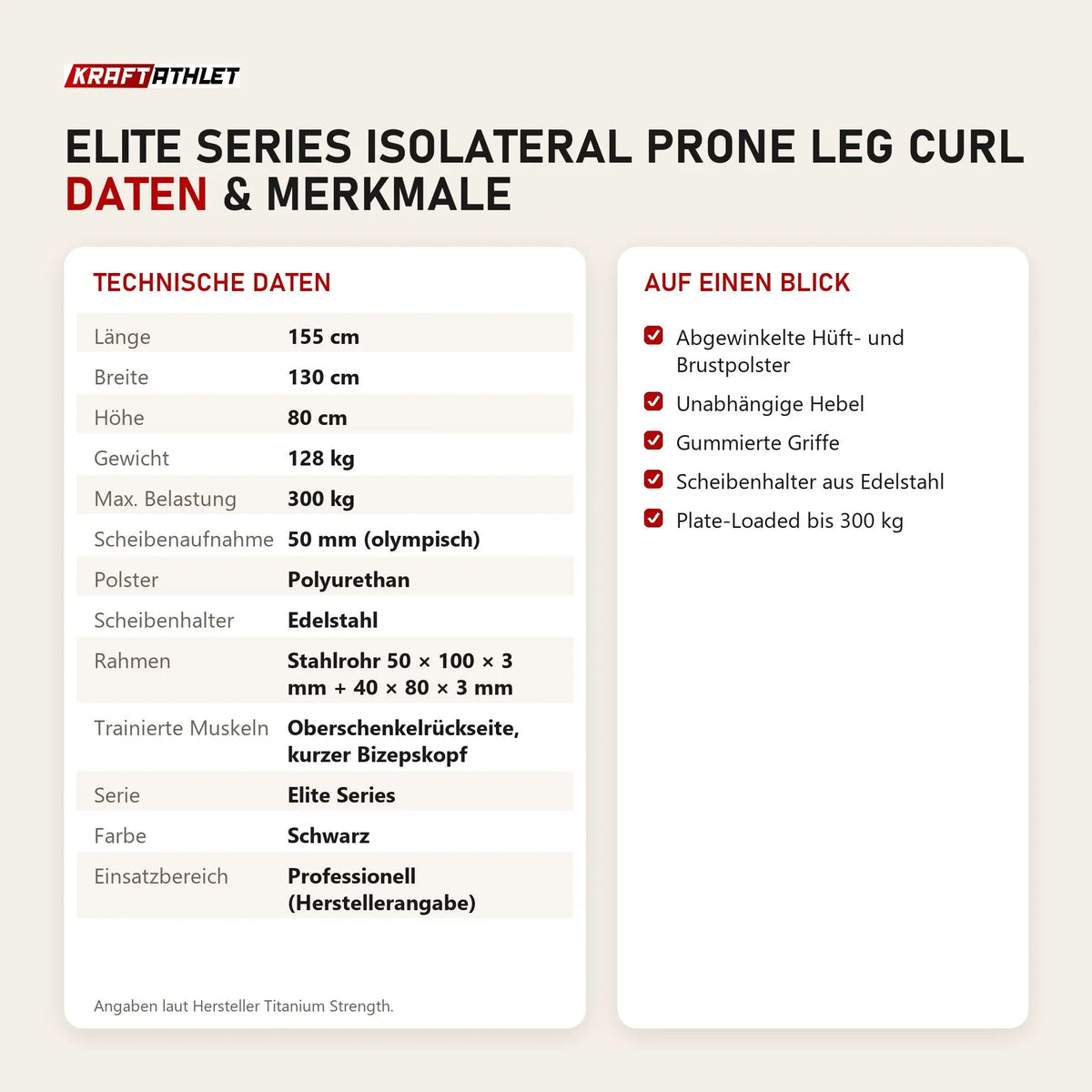 Technische Daten und Merkmale von Titanium Strength Elite Series IsoLateral Prone Leg Curl als Tabelle