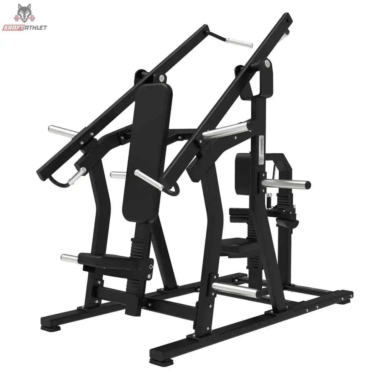 Titanium Strength Elite Series IsoLateral Brustpresse und Latzug in Schrägansicht von links, schwarzer Rahmen mit Scheibenhornen