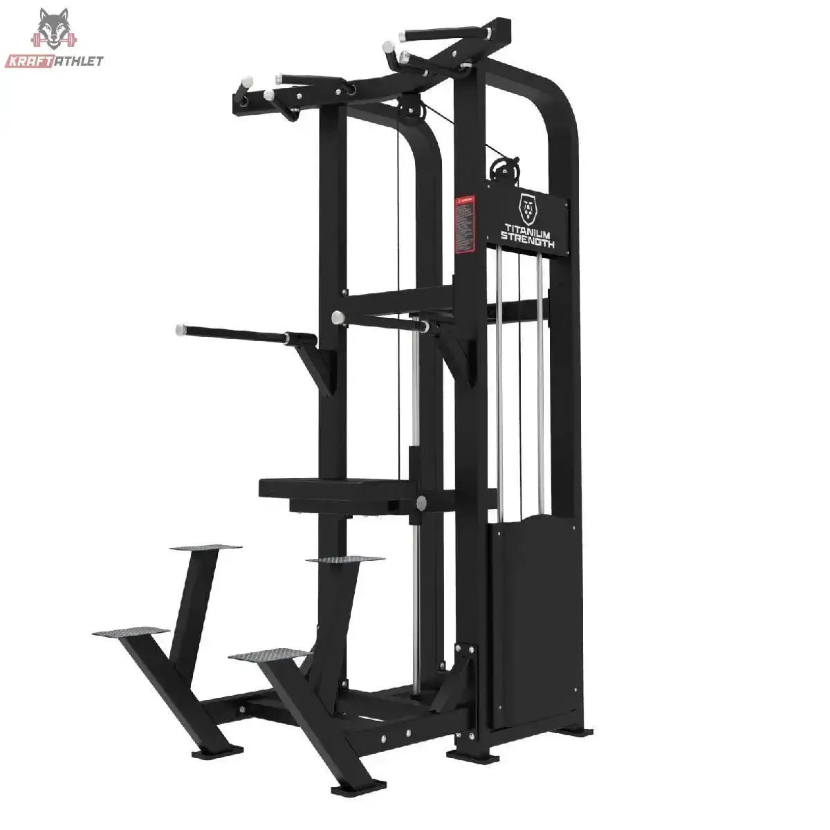 Titanium Strength Elite Series Klimmzug-Dipsmaschine – Schrägansicht von links mit Kniepolster und Trittstufen