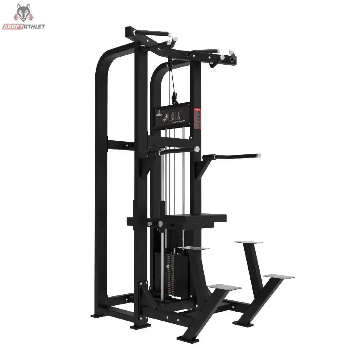 Titanium Strength Elite Series Klimmzug-Dipsmaschine – Schrägansicht mit Klimmzuggriffen, Dipgriffen und Kniepolster