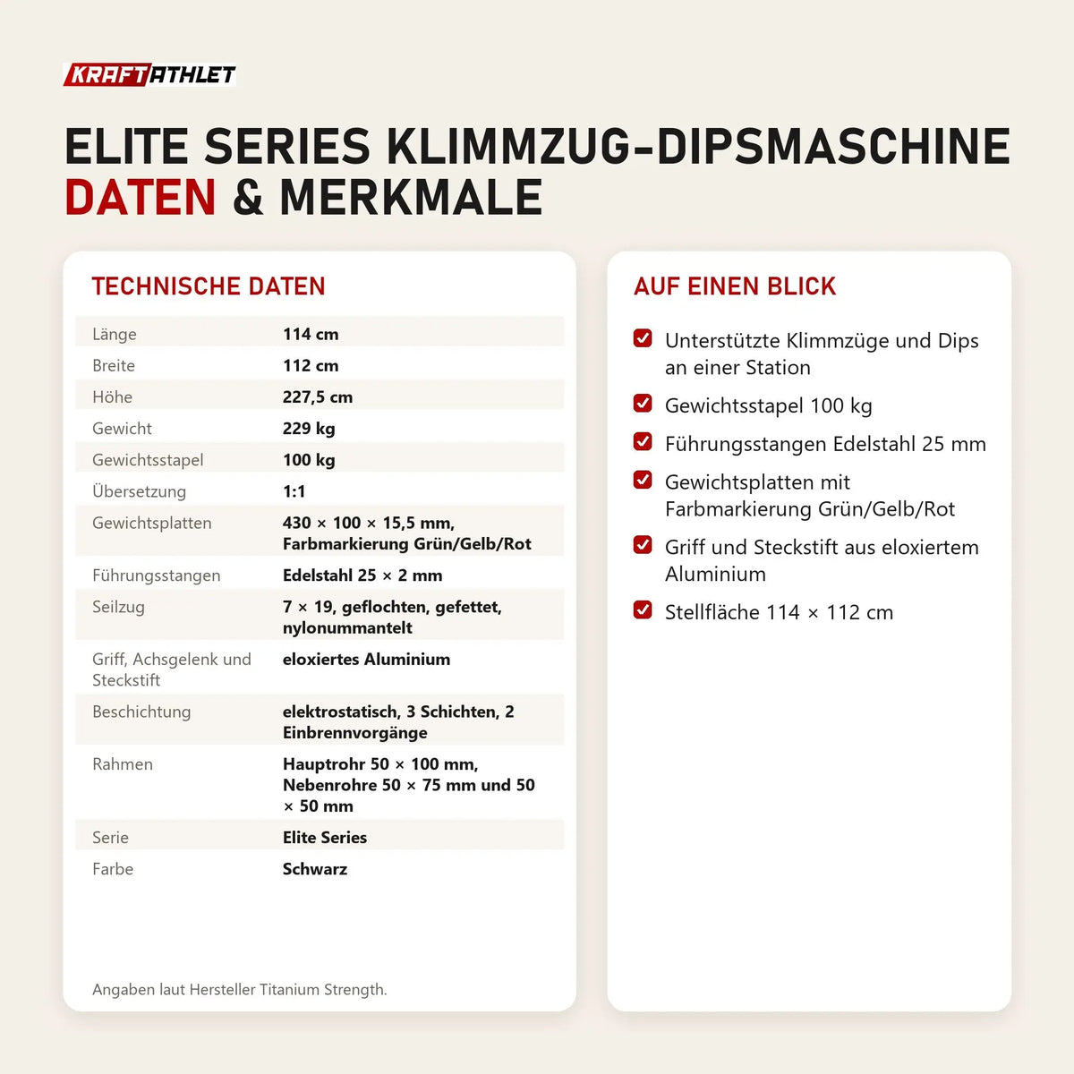 Technische Daten und Merkmale von Titanium Strength Elite Series Klimmzug-Dipsmaschine als Tabelle