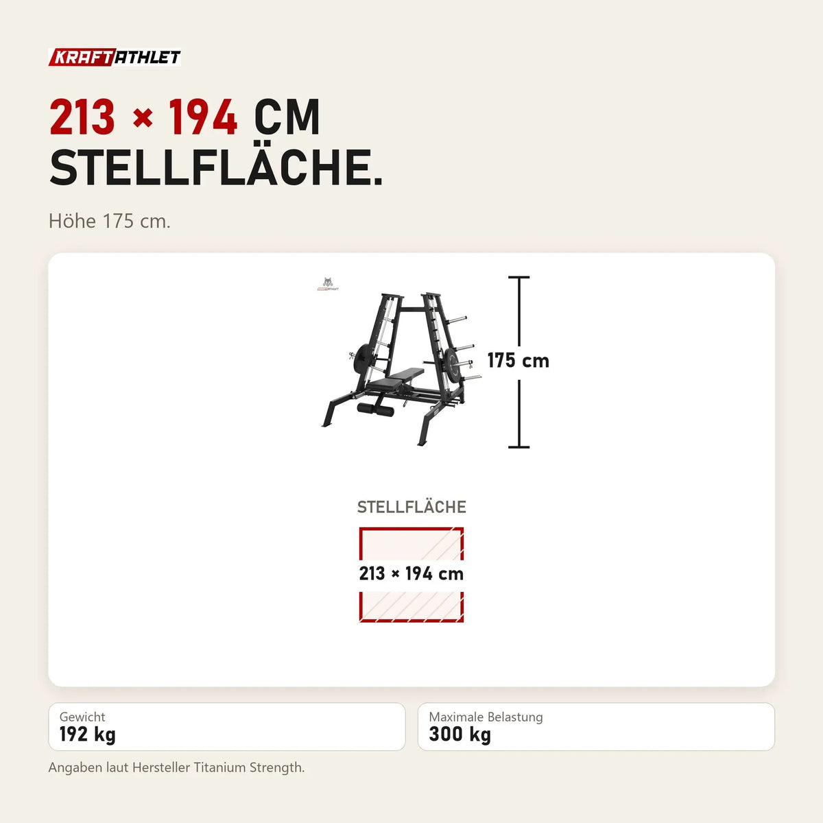 Maßbild Titanium Strength Elite Series Konvergierende Smith Multipresse: Stellfläche 213 × 194 cm, Höhe 175 cm
