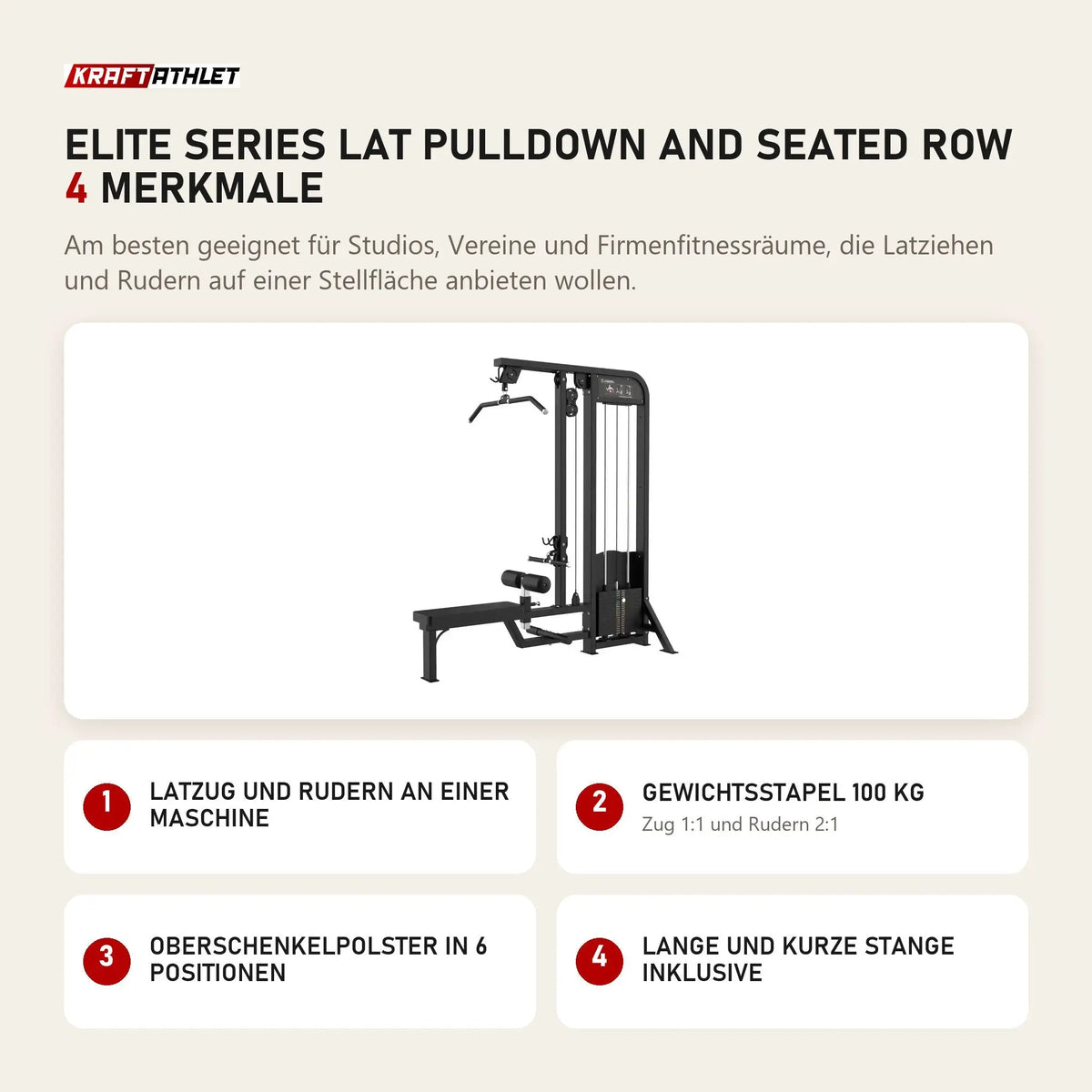 Titanium Strength Elite Series Lat Pulldown and Seated Row mit 4 Merkmalen: Latzug und Rudern an einer Maschine, Gewichtsstapel 100 kg, Oberschenkelpolster in 6 Positionen, Lange und kurze Stange inklusive