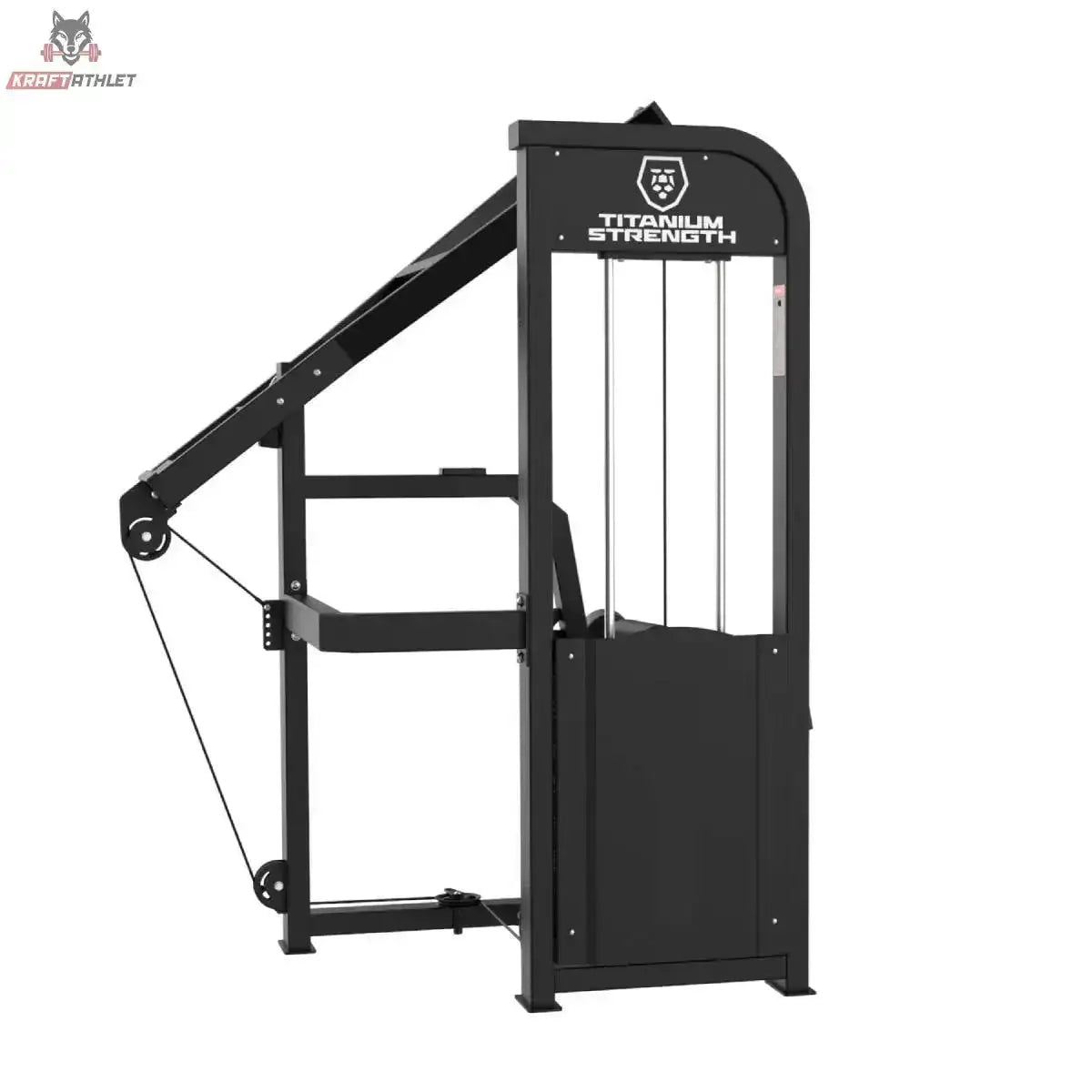 Titanium Strength Elite Series Lat Pulldown – Schrägansicht von hinten mit Gewichtsturm und Hebelarm