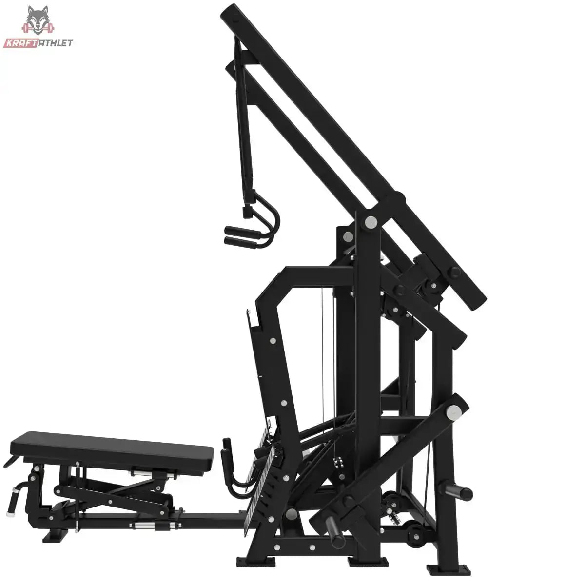Titanium Strength Elite Series Latzug und Ruderzug IsoLateral Combo – Seitenansicht mit Liegebank, Ruderhebel und Latzugarm