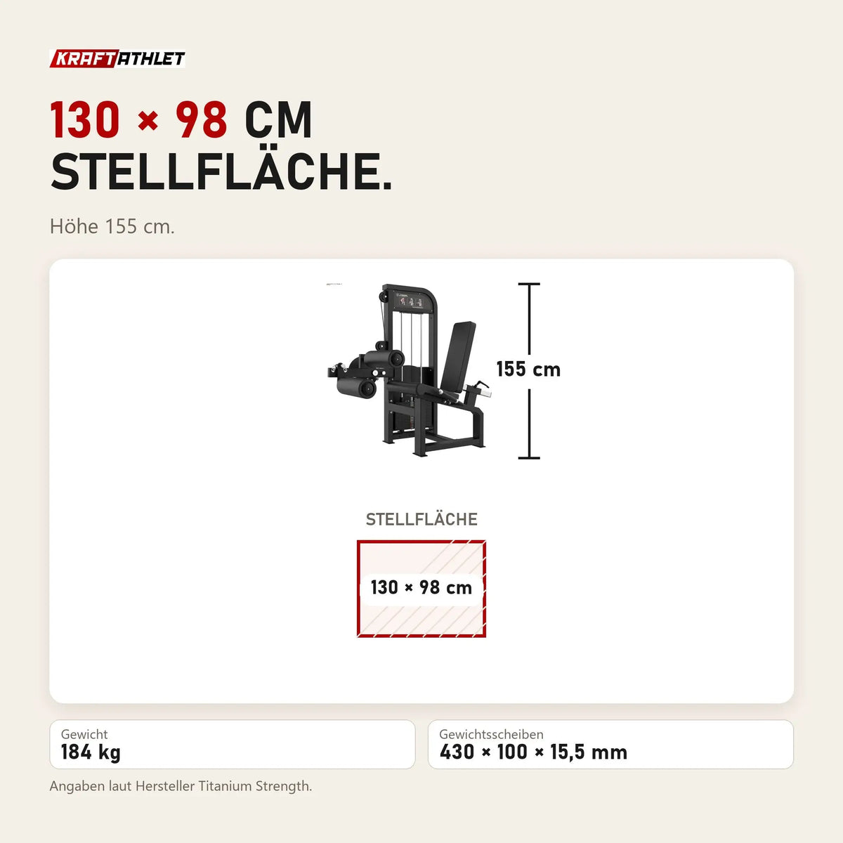 Maßbild Titanium Strength Elite Series Leg Curl und Leg Extension: Stellfläche 130 × 98 cm, Höhe 155 cm