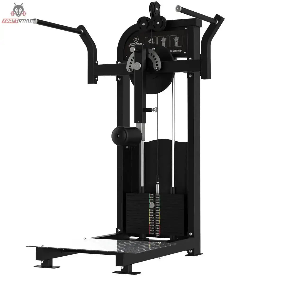 Titanium Strength Elite Series Multi Hip – Schrägansicht von rechts mit Plattform und Gewichtsturm