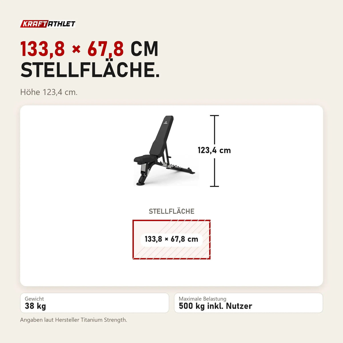 Maßbild Titanium Strength Elite Series Multi-Verstellbare Bank: Stellfläche 133,8 × 67,8 cm, Höhe 123,4 cm