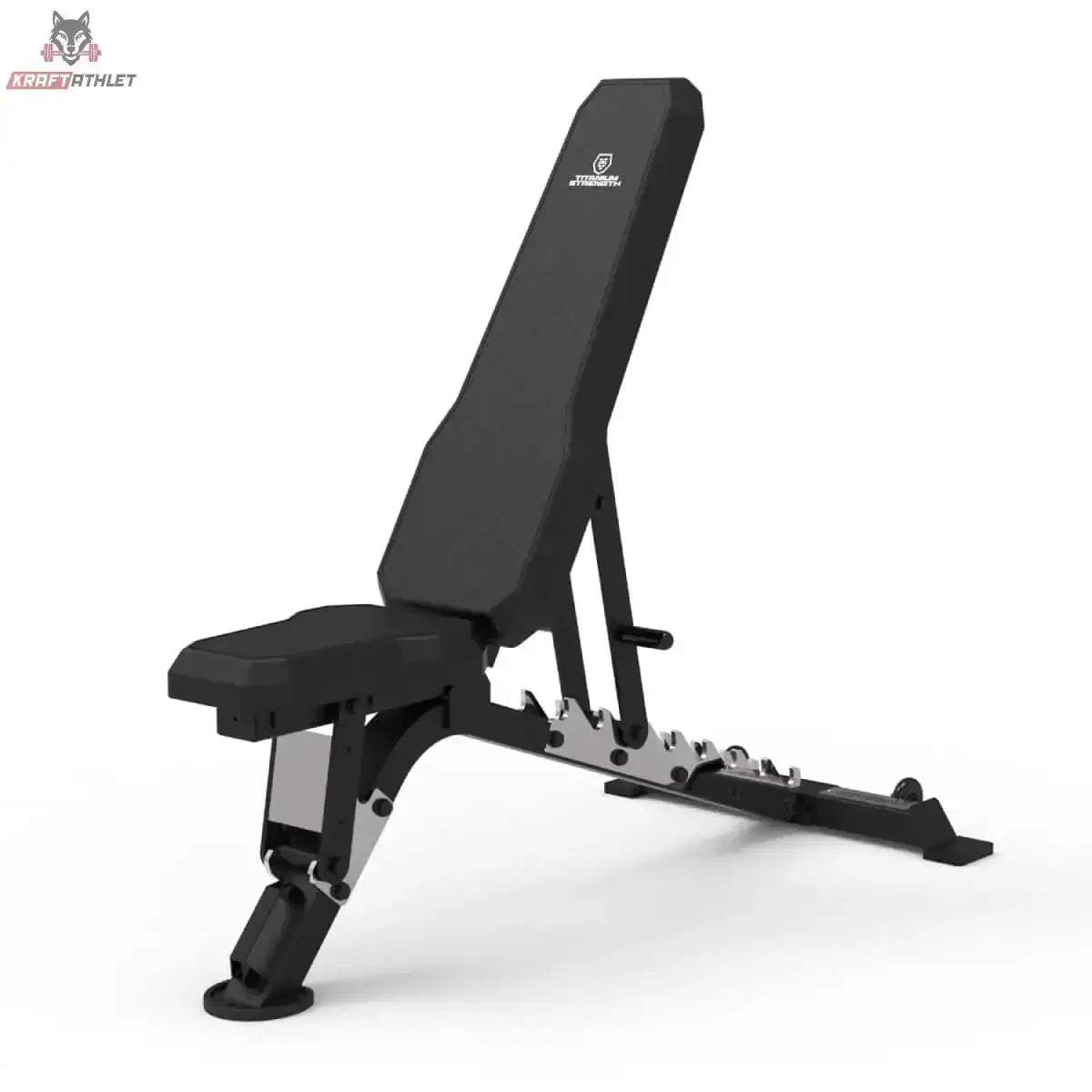 Titanium Strength Elite Series Multi-Verstellbare Bank, Schrägansicht mit aufgestellter Rückenlehne in Schwarz