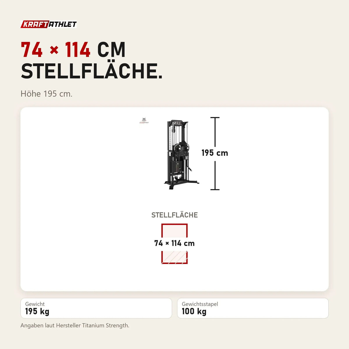 Maßbild Titanium Strength Elite Series Multiflight: Stellfläche 74 × 114 cm, Höhe 195 cm
