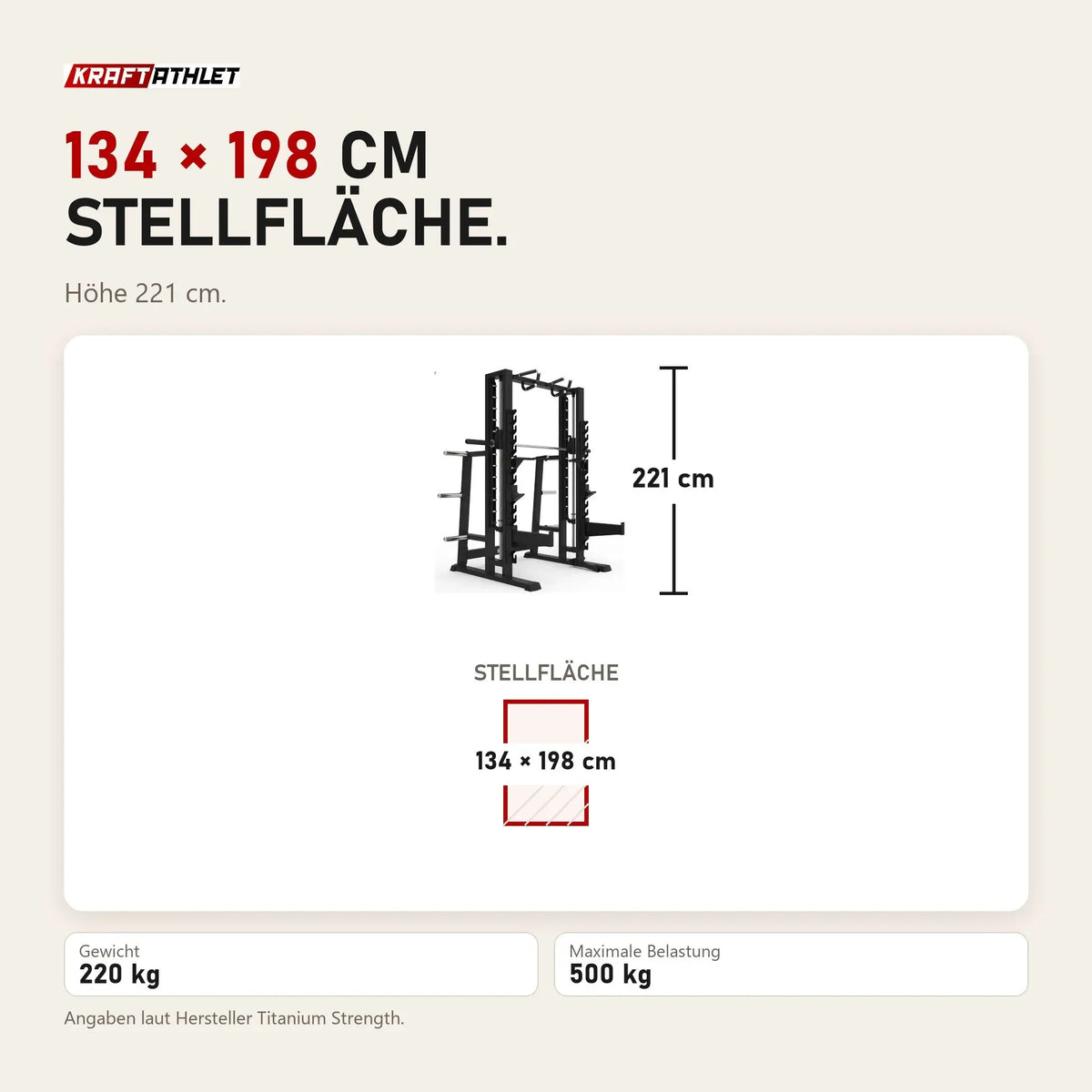Maßbild Titanium Strength Elite Series Multipower Smith Machine + Rack Plus: Stellfläche 134 × 198 cm, Höhe 221 cm