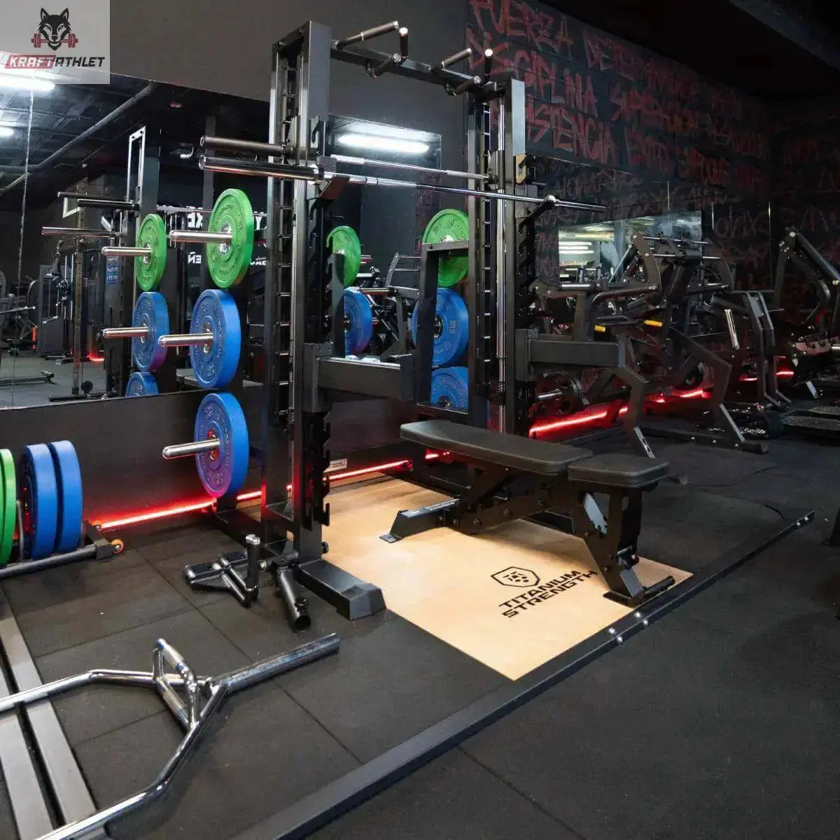 Titanium Strength Elite Series Multipower Smith Machine + Rack Plus mit Hantelbank und Scheiben in einem Studio mit roter Beleuchtung