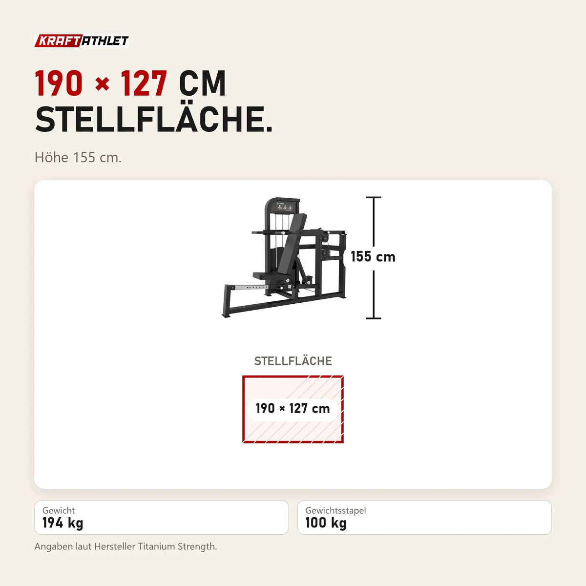 Maßbild Titanium Strength Elite Series Multipress 3 Funktionen: Stellfläche 190 × 127 cm, Höhe 155 cm