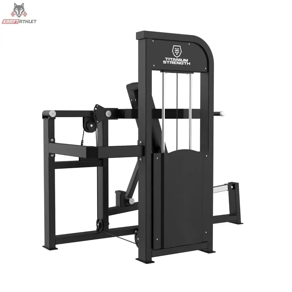 Titanium Strength Elite Series Multipress 3 Funktionen – Schrägansicht von hinten mit Gewichtsturm und Griffbügeln