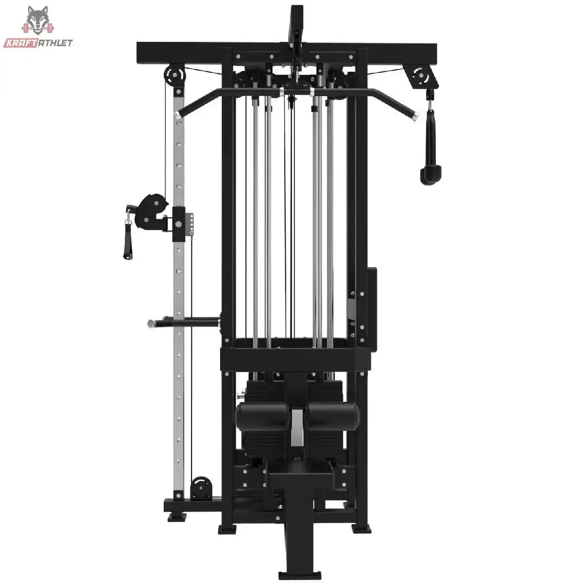 Titanium Strength Elite Series Multistation 4 Stationen in Schwarz, Frontansicht mit Latzug und Gewichtsstapeln